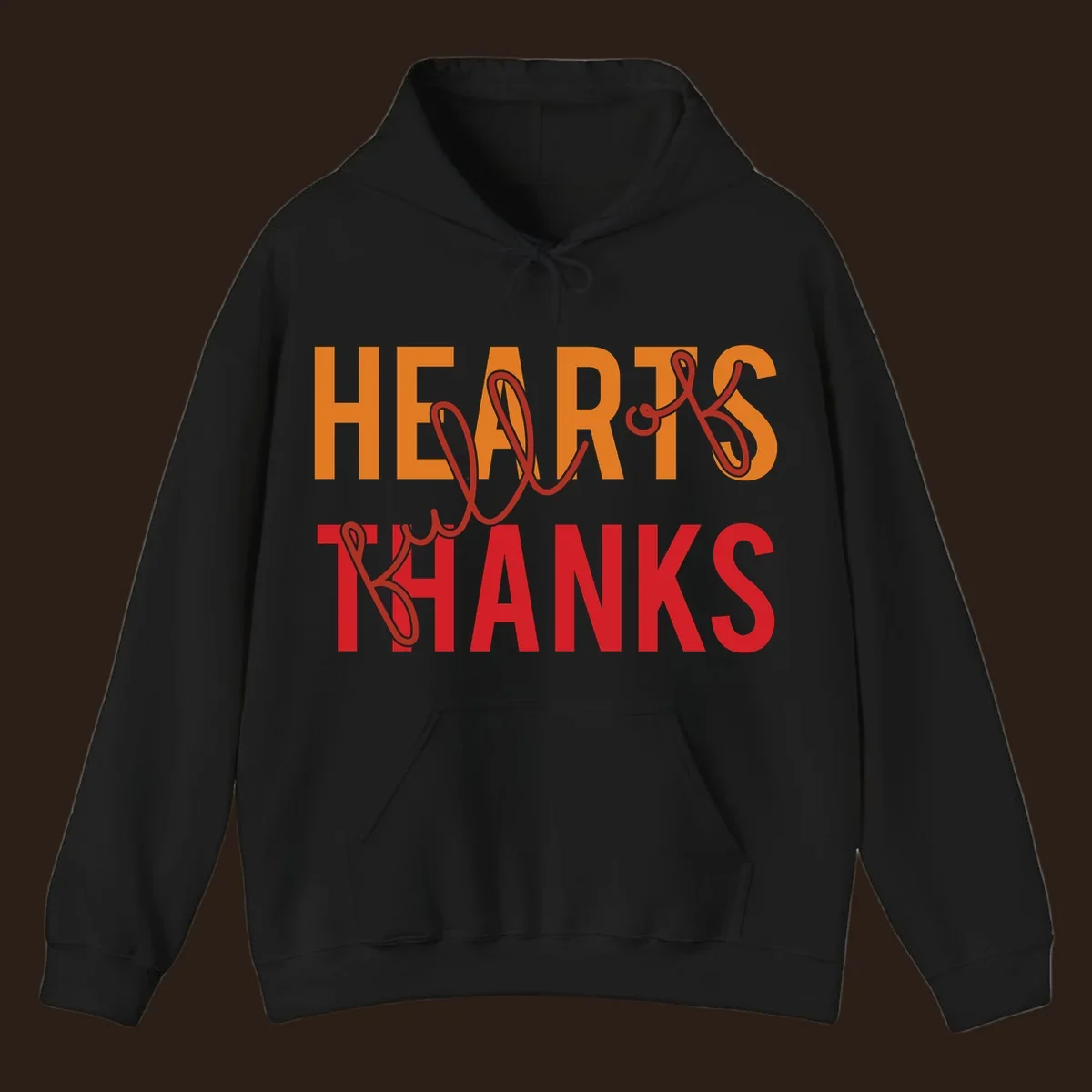 Orange and red typography design spelling "HEARTS FULL OF THANKS".