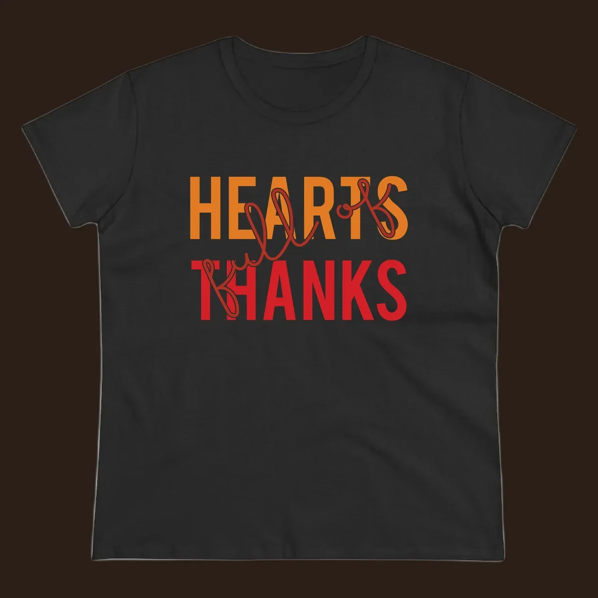 Orange and red typography design spelling "HEARTS FULL OF THANKS".