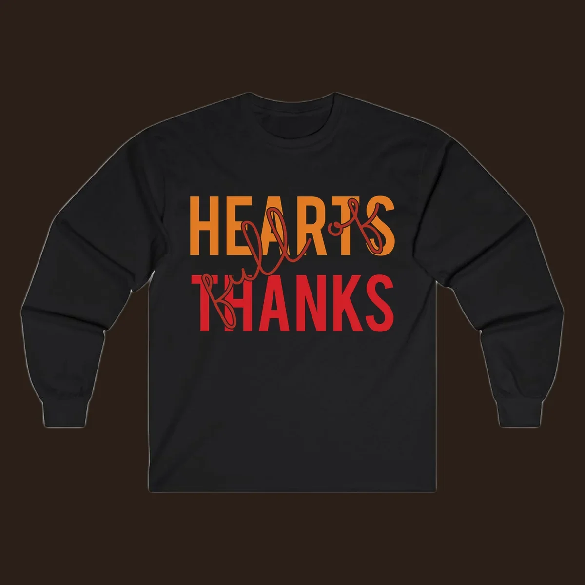 Orange and red typography design spelling "HEARTS FULL OF THANKS".