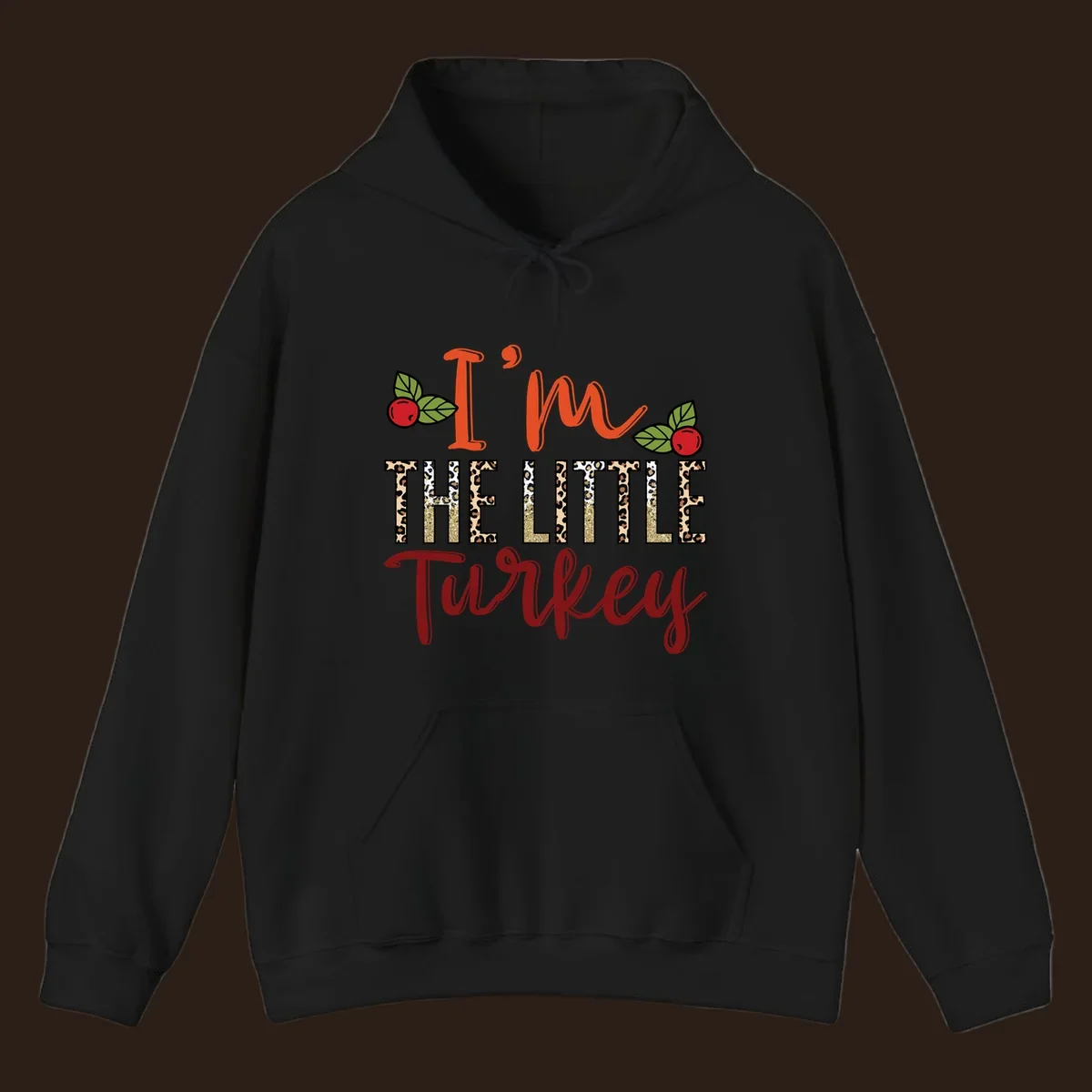 I'm The Little Turkey Thanksgiving text design with cranberries and leopard print. Thanksgiving graphic.
