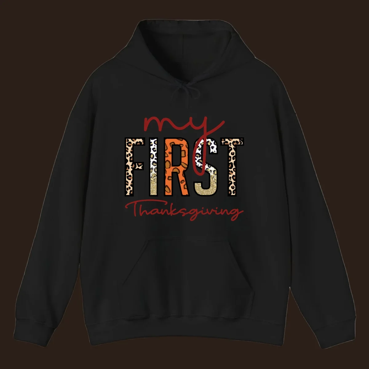 Baby's first Thanksgiving text with leopard print and glitter elements.