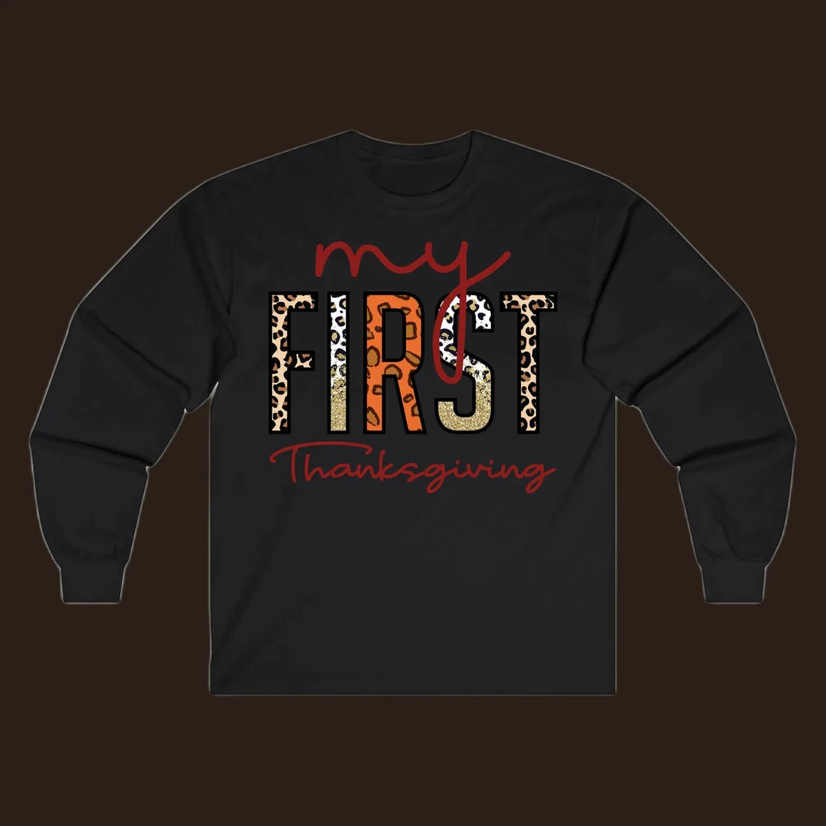 Baby's first Thanksgiving text with leopard print and glitter elements.