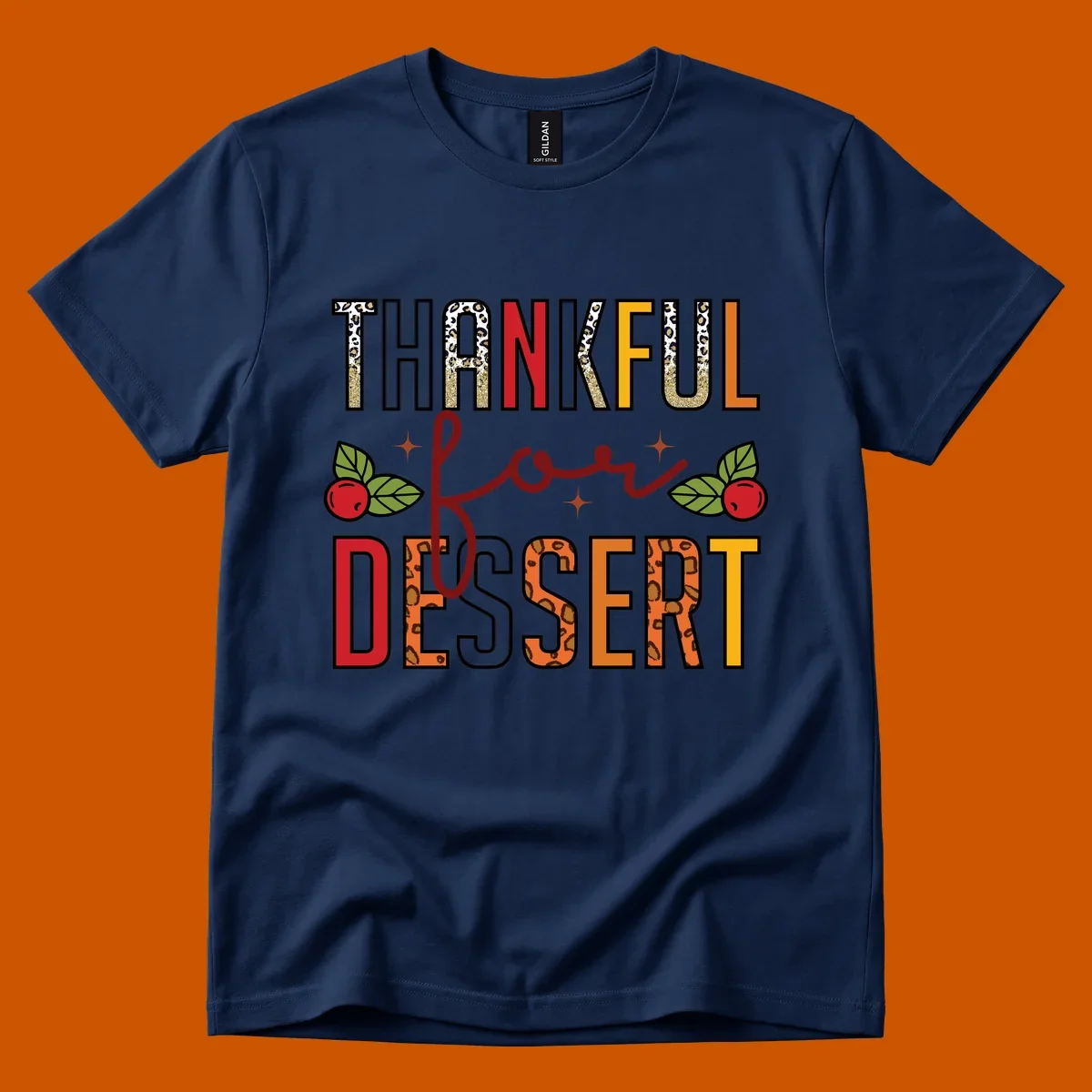 Thankful for Dessert typography with leopard print and cranberries on a dark background.