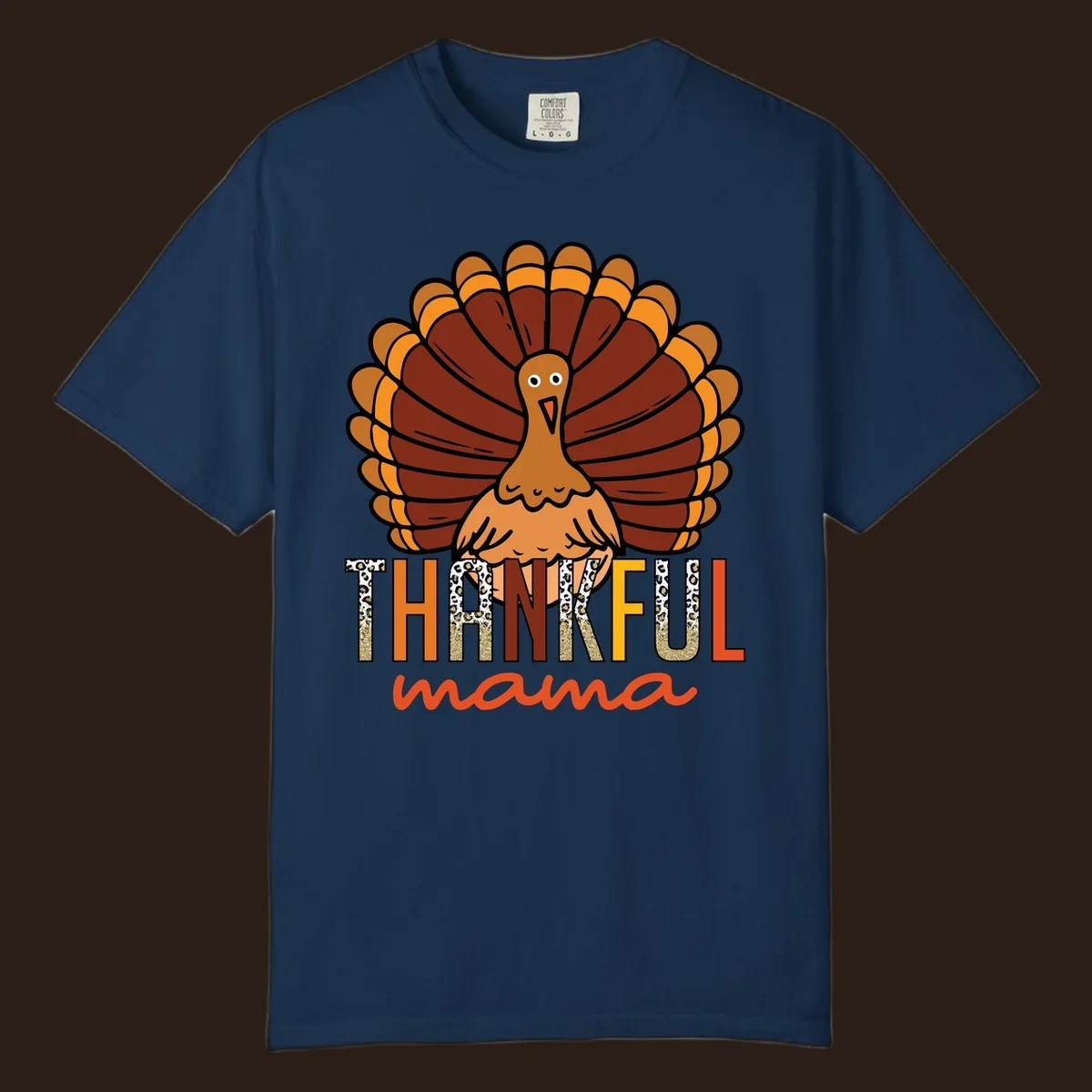 Thankful Mama turkey illustration with leopard print and glitter text for Thanksgiving.