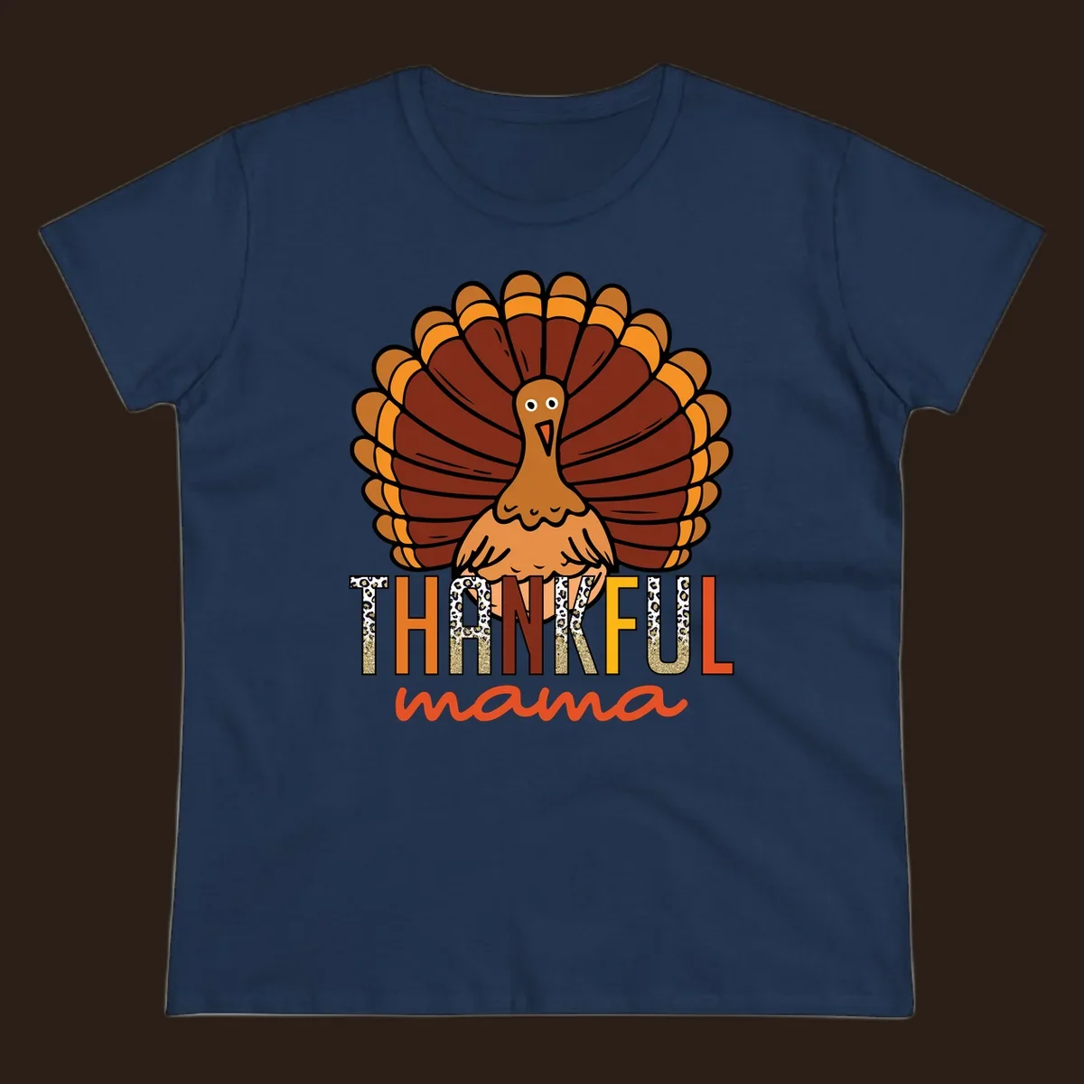 Thankful Mama turkey illustration with leopard print and glitter text for Thanksgiving.