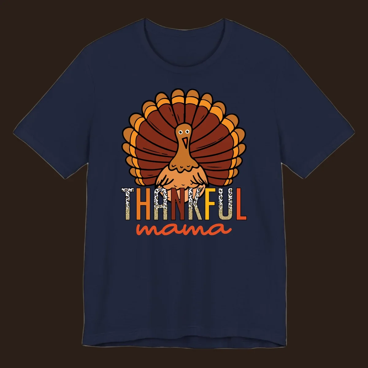 Thankful Mama turkey illustration with leopard print and glitter text for Thanksgiving.