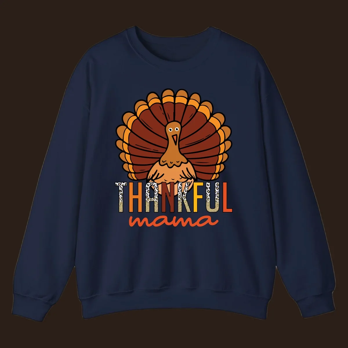 Thankful Mama turkey illustration with leopard print and glitter text for Thanksgiving.