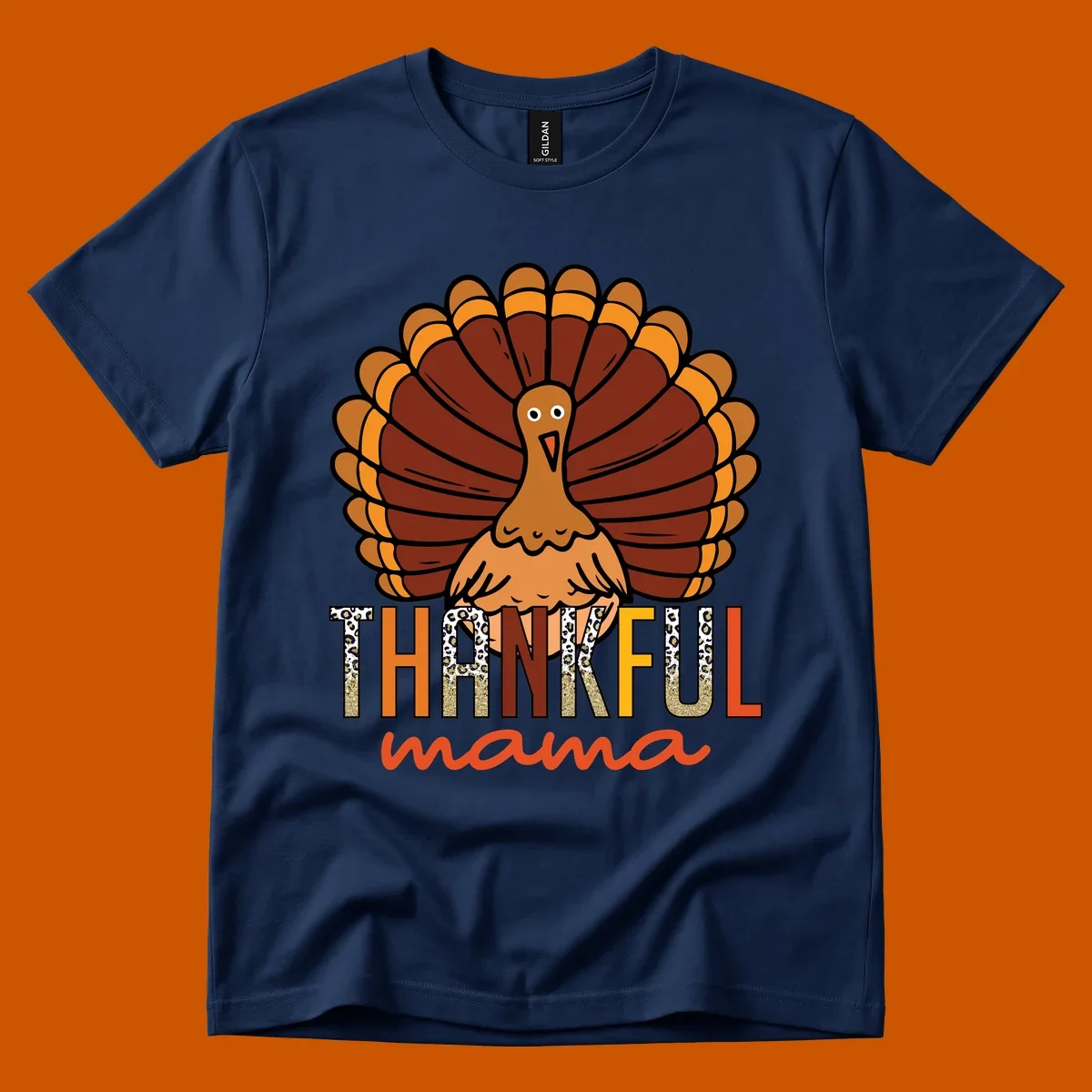 Thankful Mama turkey illustration with leopard print and glitter text for Thanksgiving.