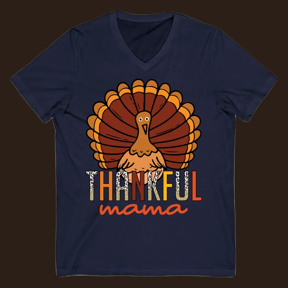 Thankful Mama turkey illustration with leopard print and glitter text for Thanksgiving.
