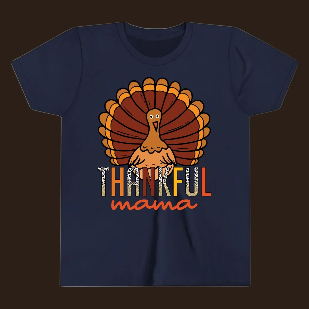 Thankful Mama turkey illustration with leopard print and glitter text for Thanksgiving.