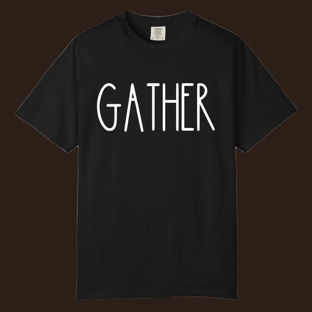 White typography design with the word GATHER, for family dinner gatherings.