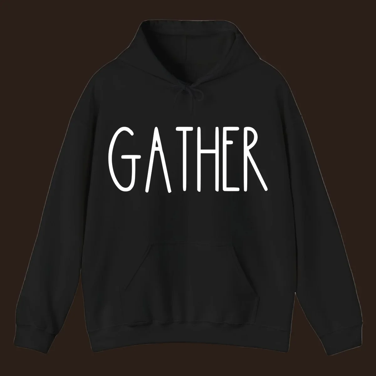 White typography design with the word GATHER, for family dinner gatherings.
