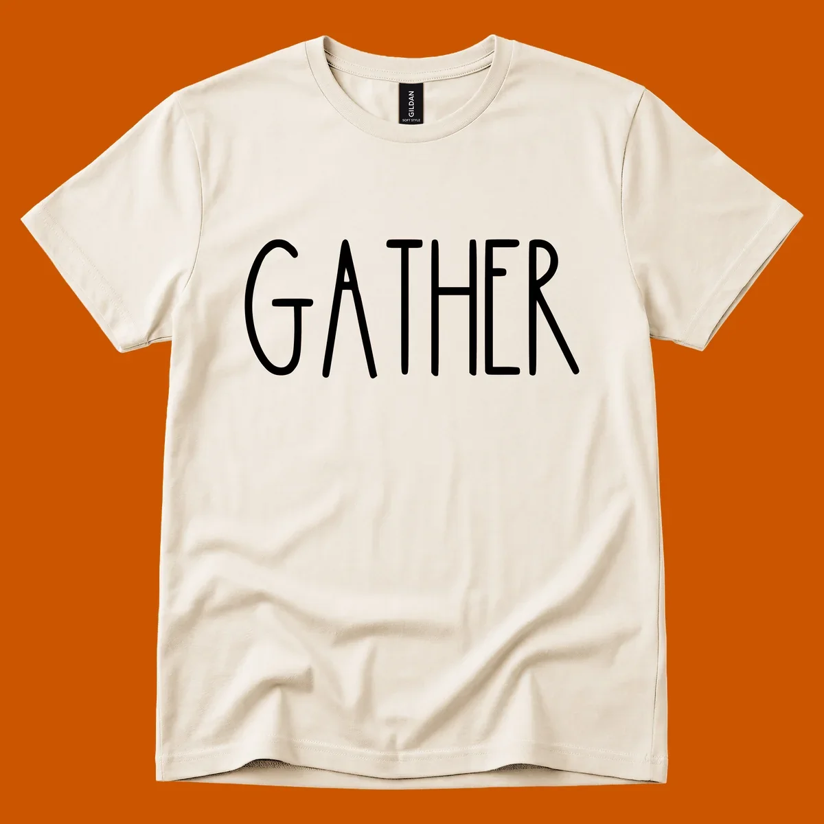 White typography design with the word GATHER, for family dinner gatherings.