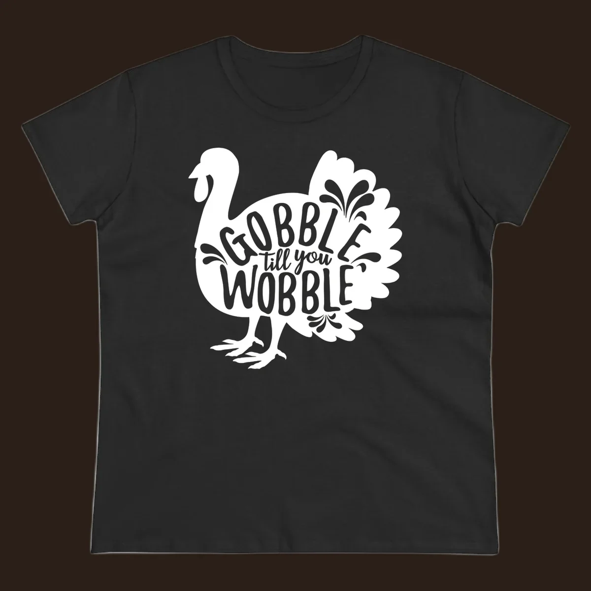 Gobble wobble turkey design with text for Thanksgiving.