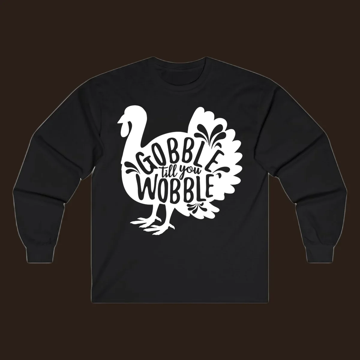 Gobble wobble turkey design with text for Thanksgiving.