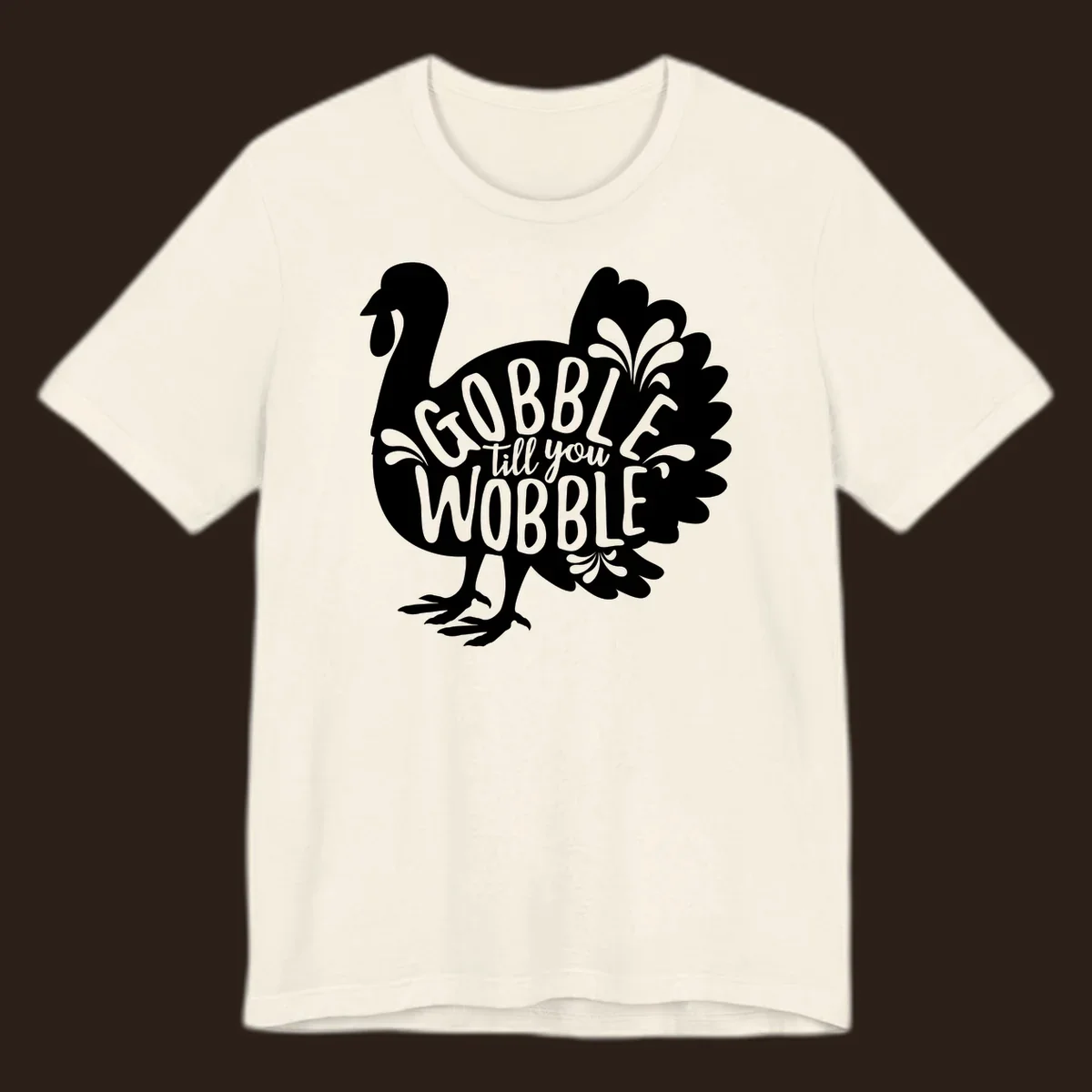 Gobble wobble turkey design with text for Thanksgiving.