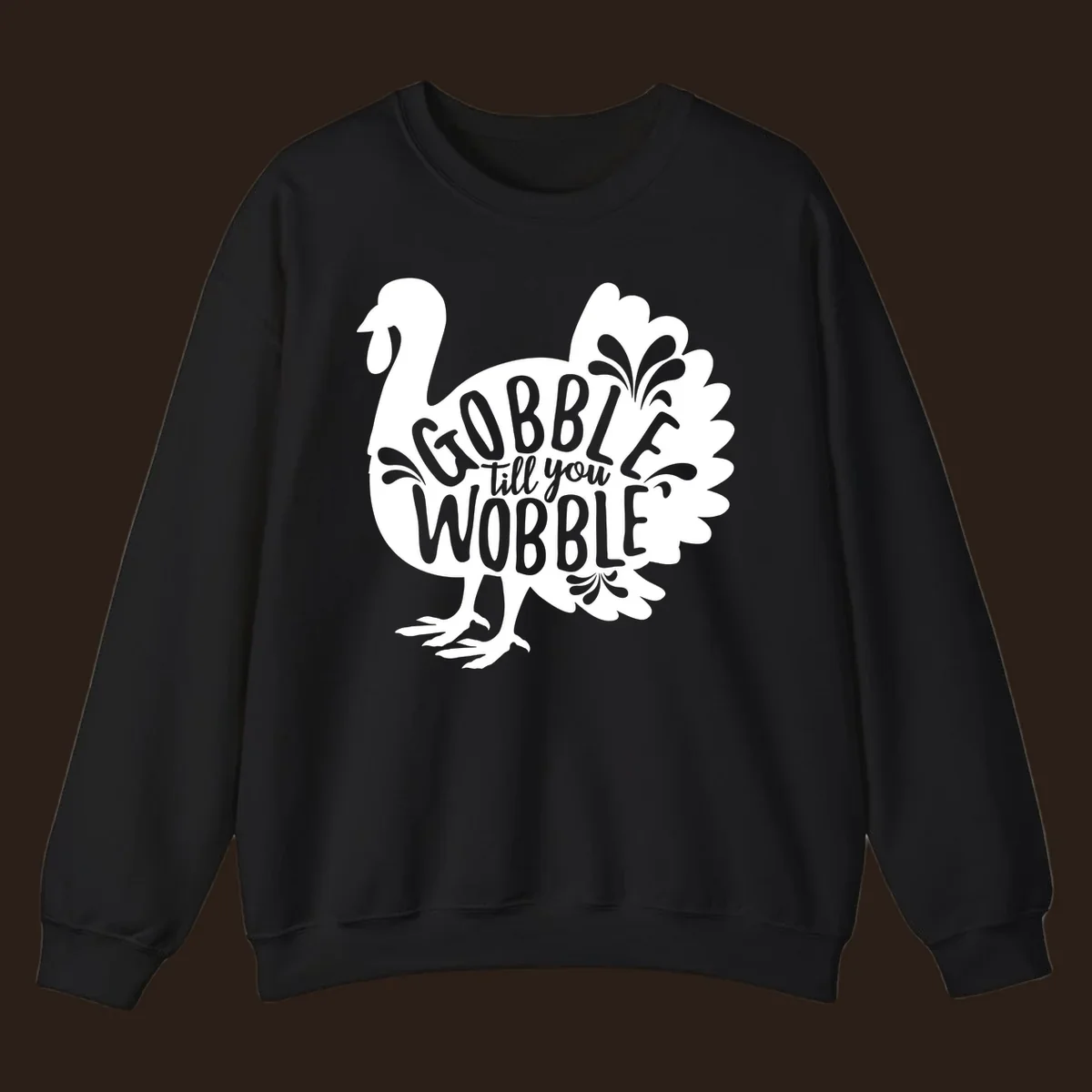 Gobble wobble turkey design with text for Thanksgiving.