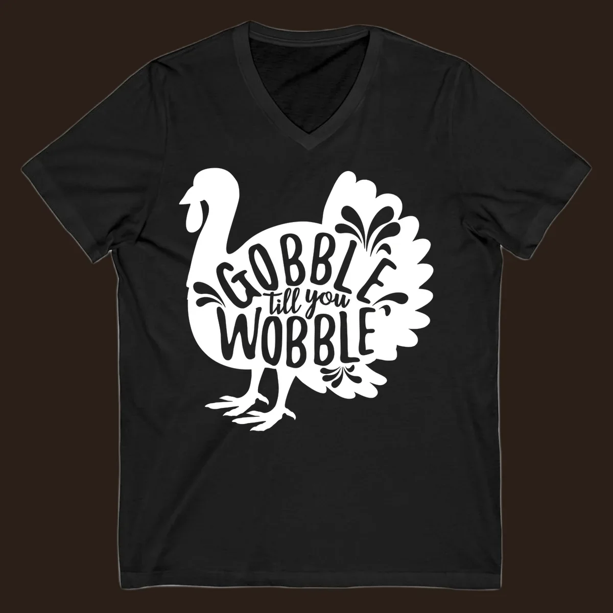 Gobble wobble turkey design with text for Thanksgiving.
