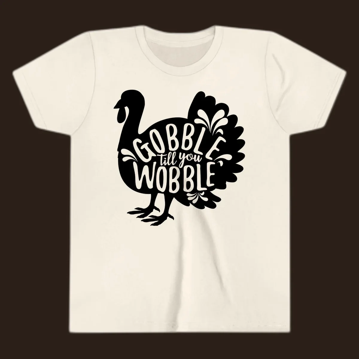 Gobble wobble turkey design with text for Thanksgiving.