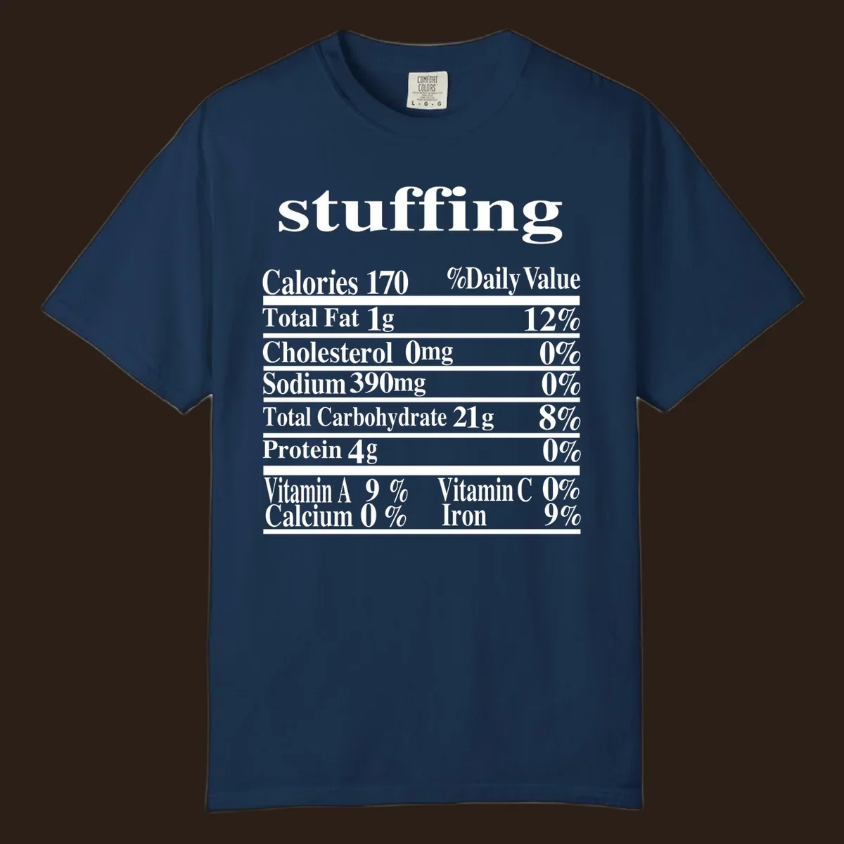 Stuffing nutrition facts label with calories, fat, cholesterol, sodium, carbs, protein, and vitamins in white text.
