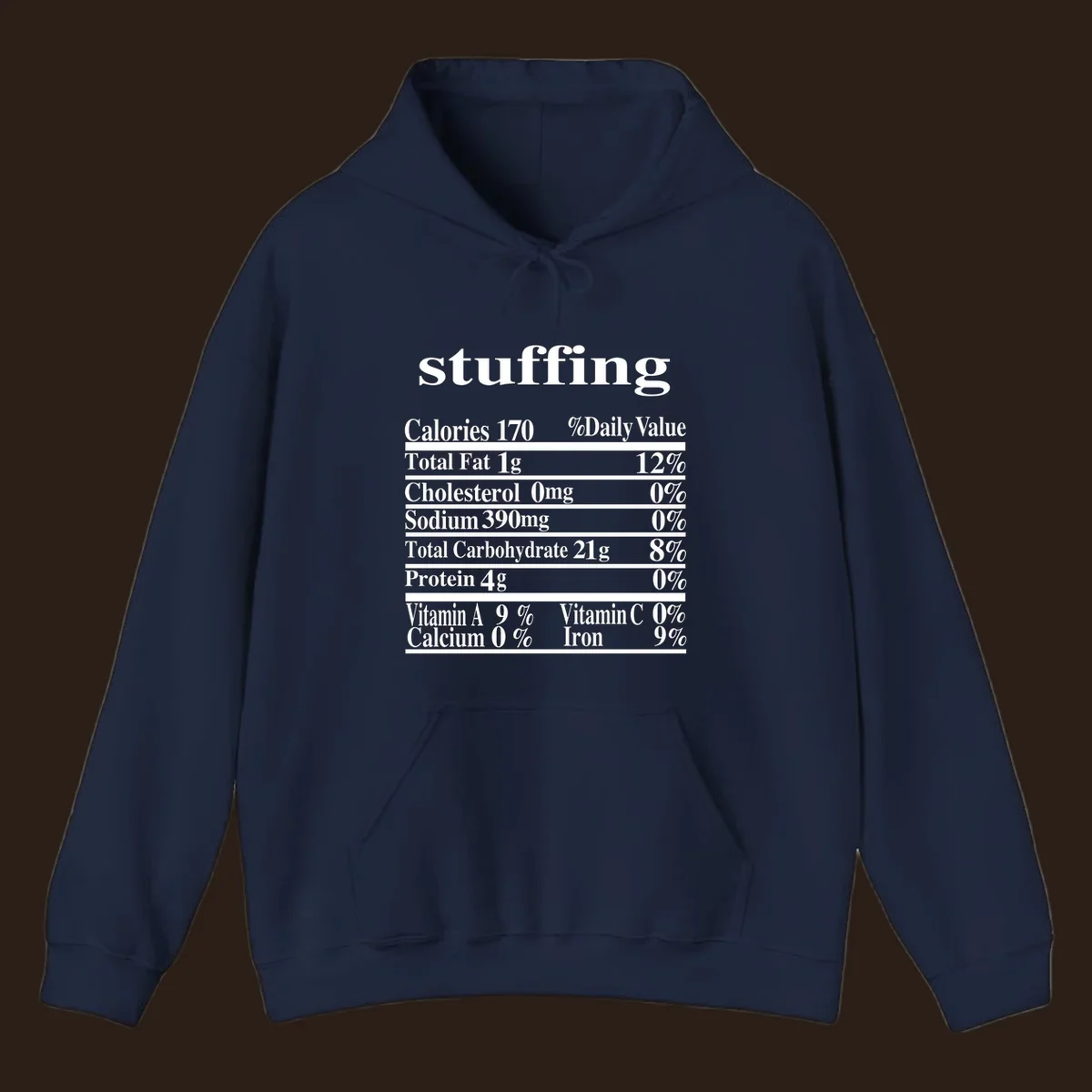 Stuffing nutrition facts label with calories, fat, cholesterol, sodium, carbs, protein, and vitamins in white text.