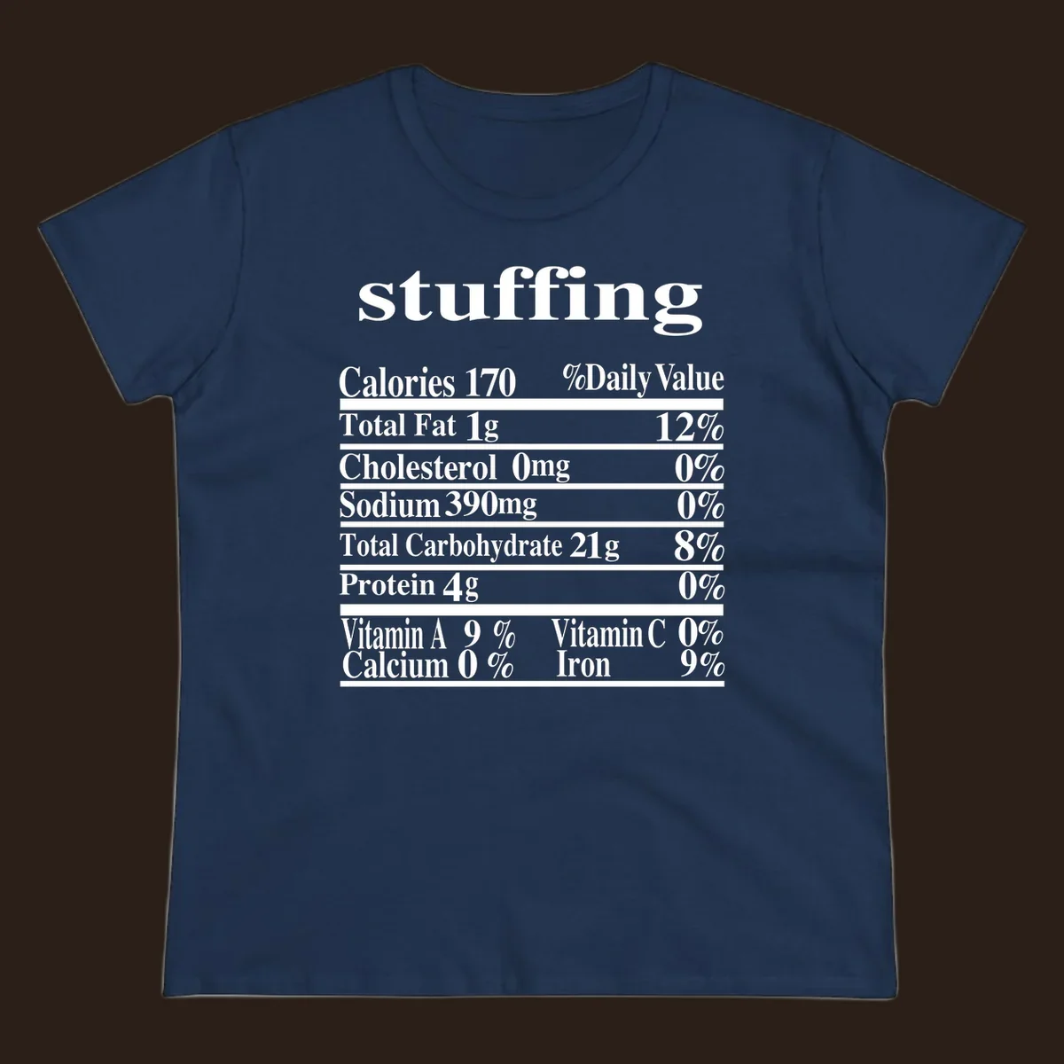 Stuffing nutrition facts label with calories, fat, cholesterol, sodium, carbs, protein, and vitamins in white text.