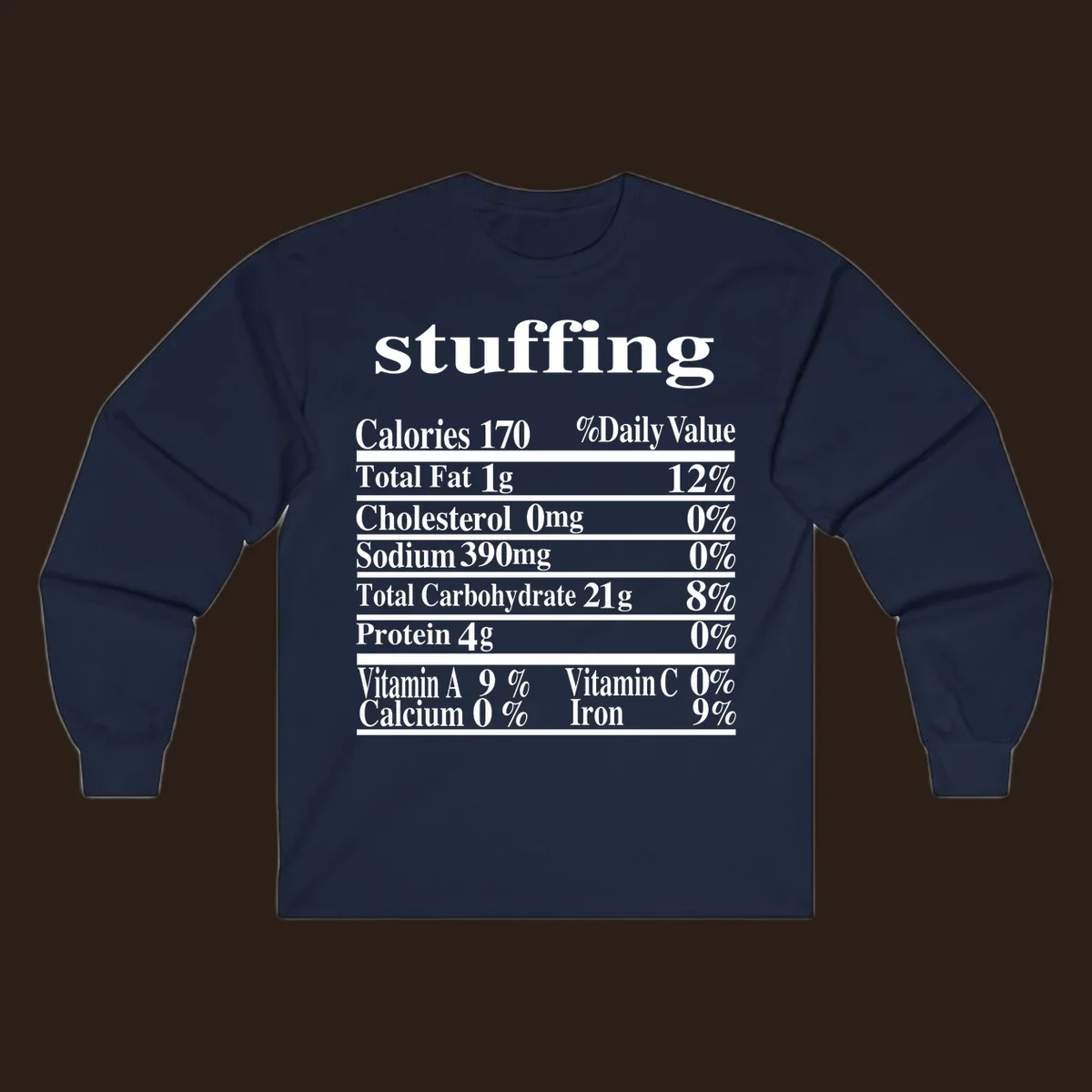 Stuffing nutrition facts label with calories, fat, cholesterol, sodium, carbs, protein, and vitamins in white text.