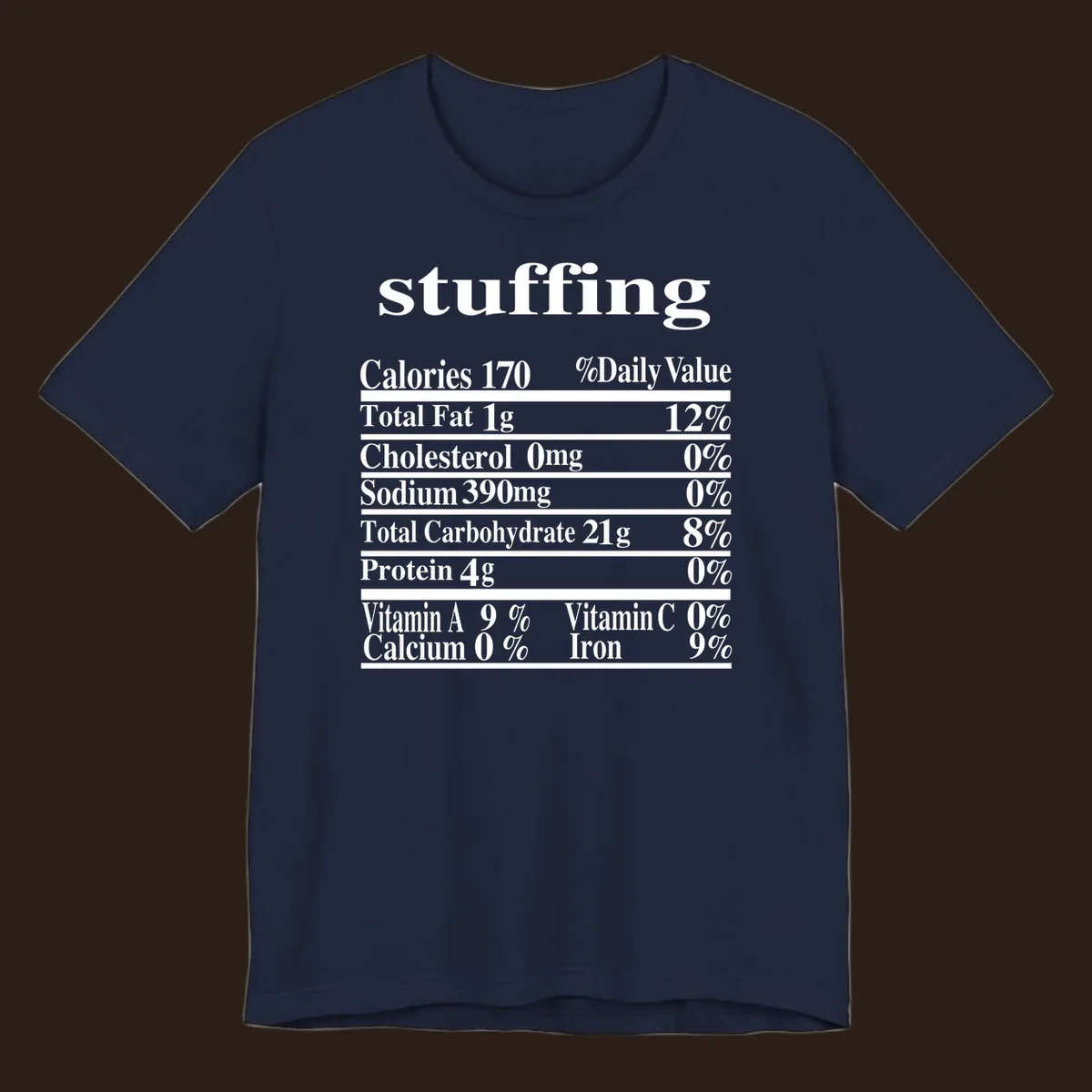Stuffing nutrition facts label with calories, fat, cholesterol, sodium, carbs, protein, and vitamins in white text.