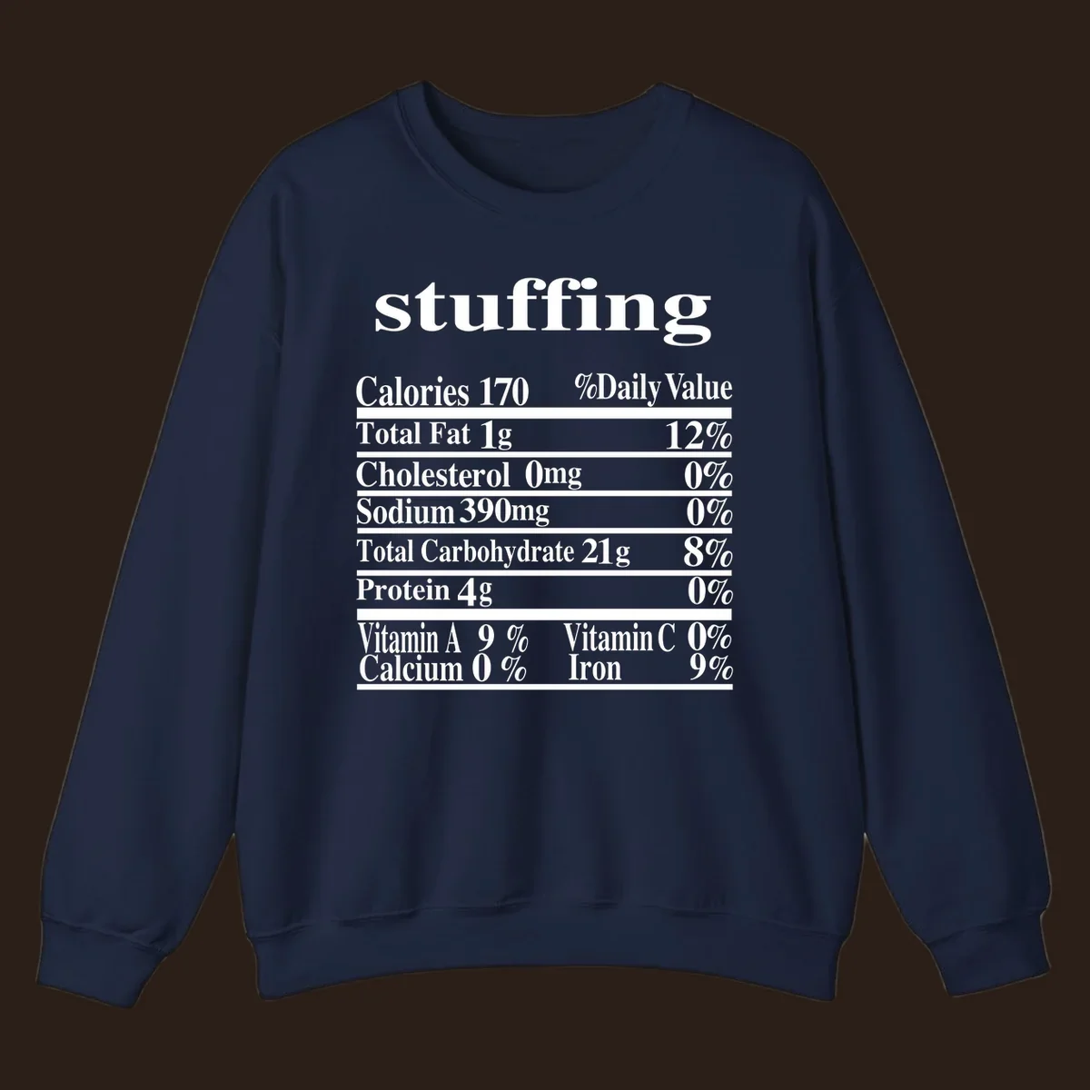 Stuffing nutrition facts label with calories, fat, cholesterol, sodium, carbs, protein, and vitamins in white text.