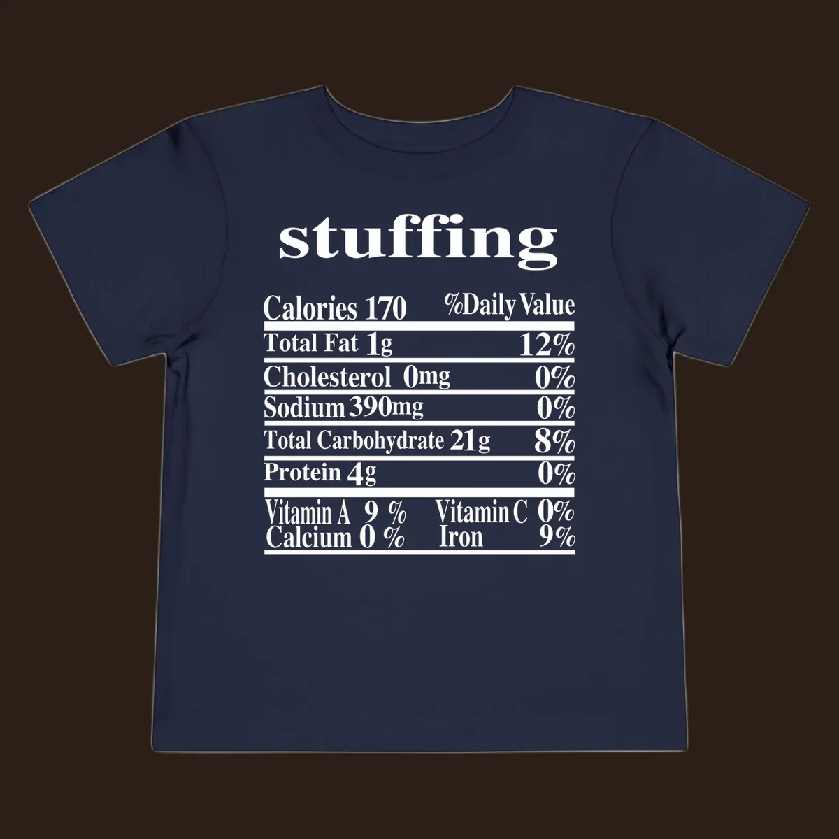 Stuffing nutrition facts label with calories, fat, cholesterol, sodium, carbs, protein, and vitamins in white text.