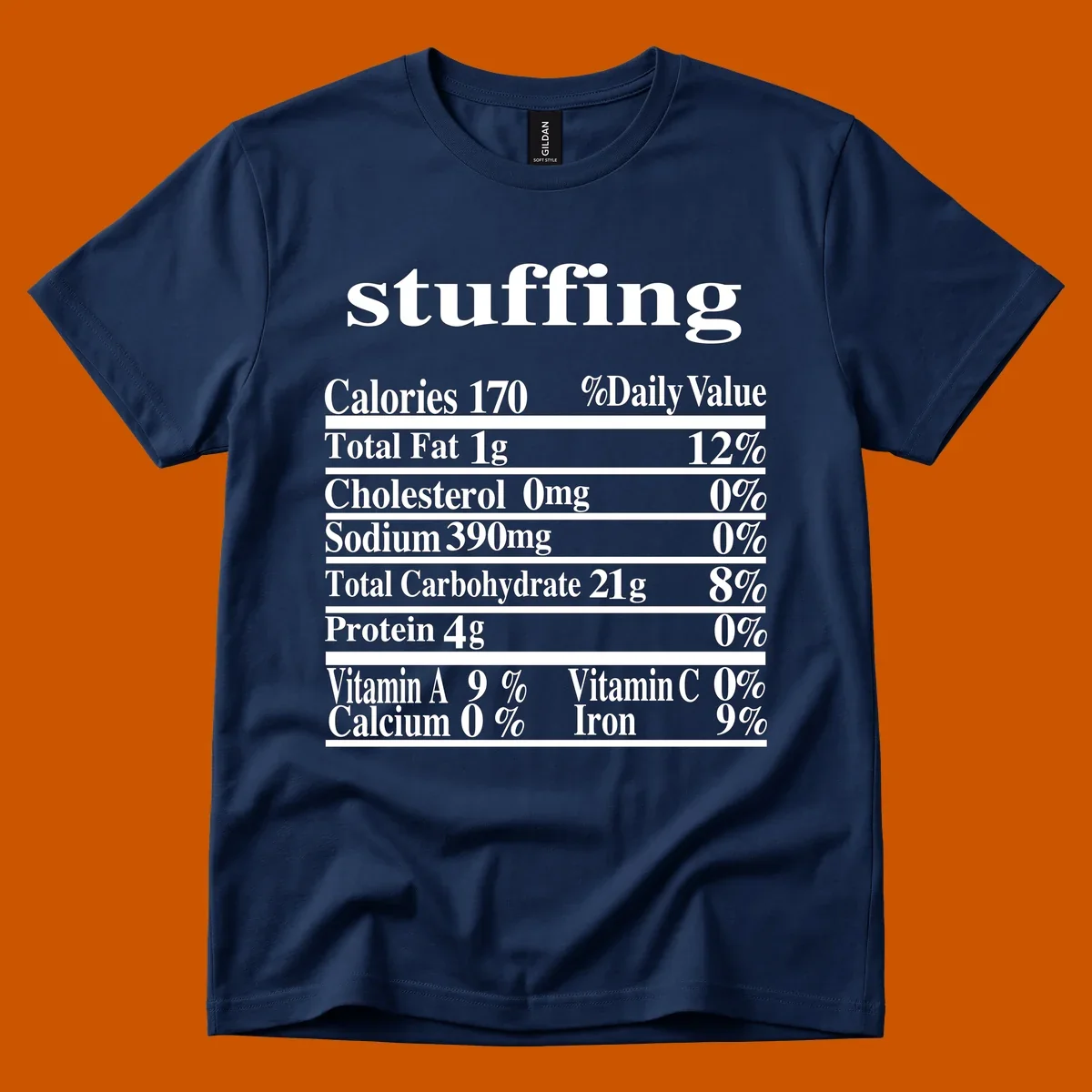 Stuffing nutrition facts label with calories, fat, cholesterol, sodium, carbs, protein, and vitamins in white text.