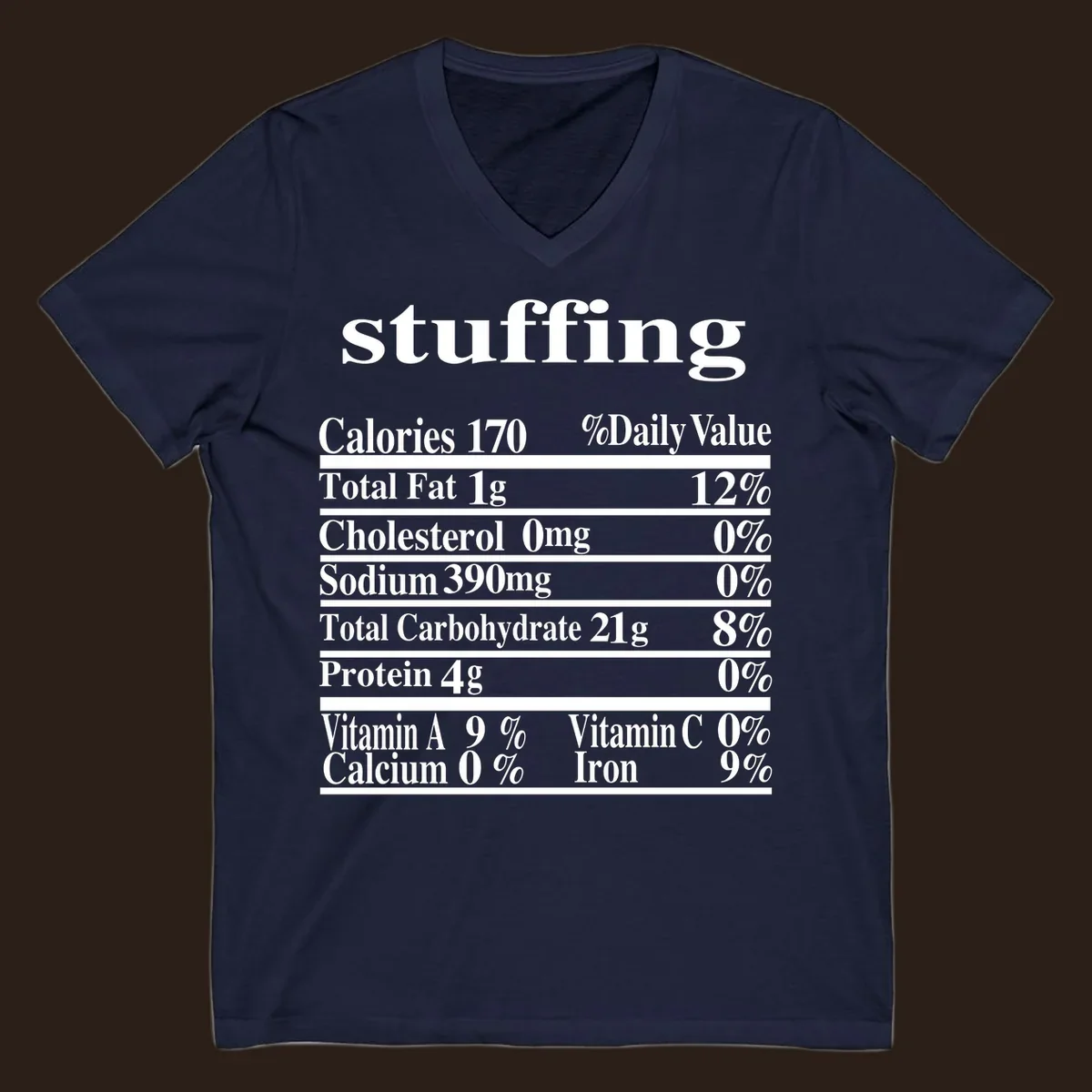 Stuffing nutrition facts label with calories, fat, cholesterol, sodium, carbs, protein, and vitamins in white text.