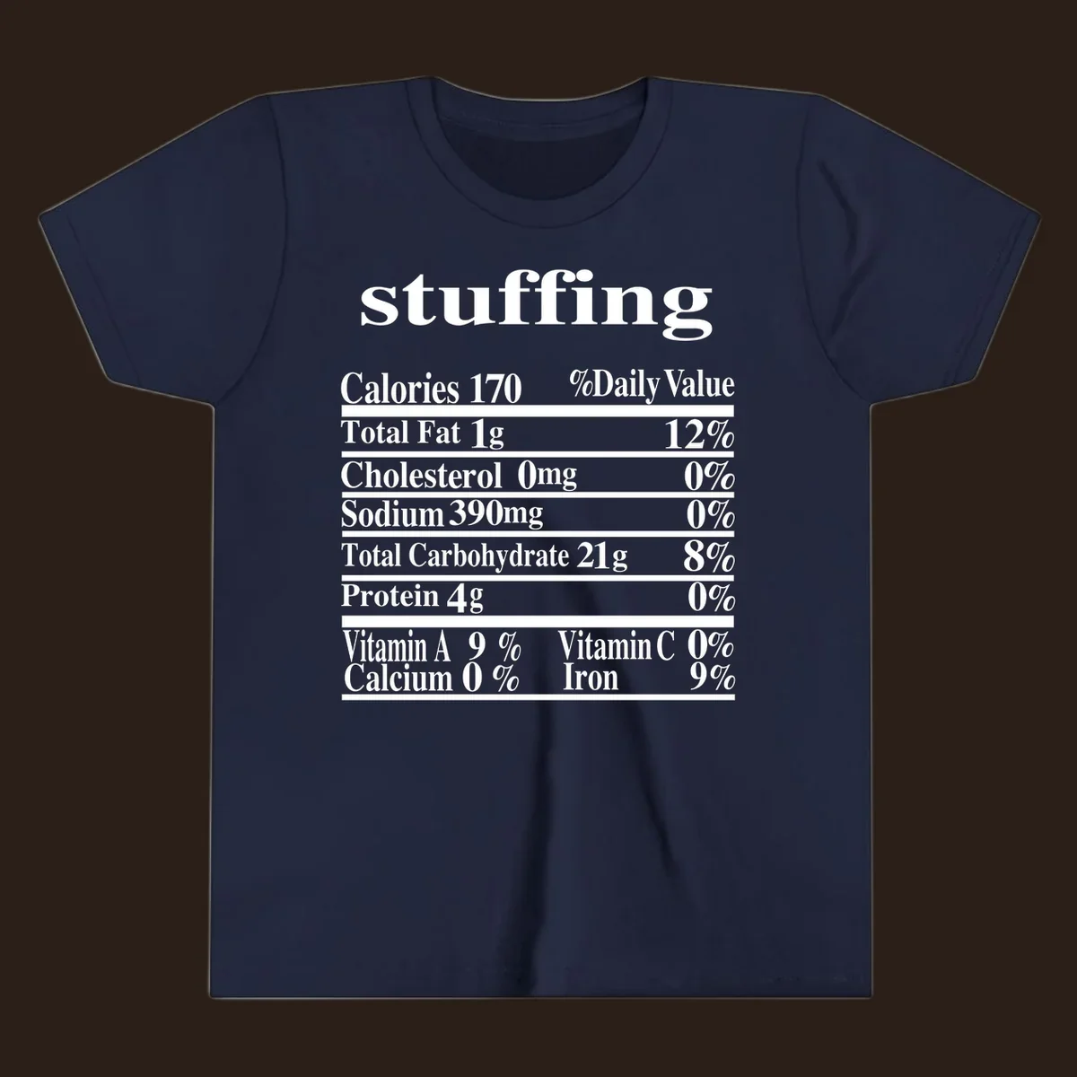 Stuffing nutrition facts label with calories, fat, cholesterol, sodium, carbs, protein, and vitamins in white text.