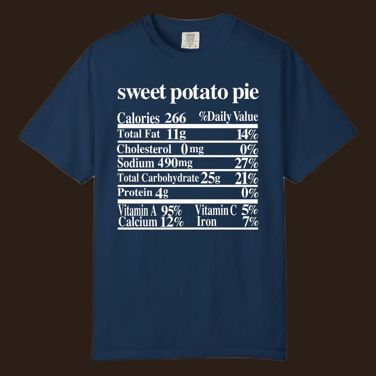 Sweet potato pie nutrition facts label in white text on a black background.