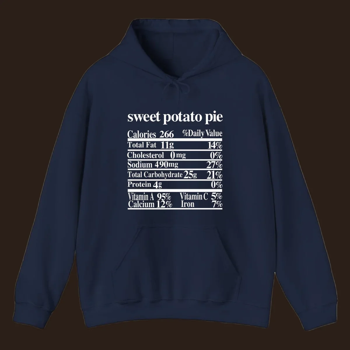 Sweet potato pie nutrition facts label in white text on a black background.