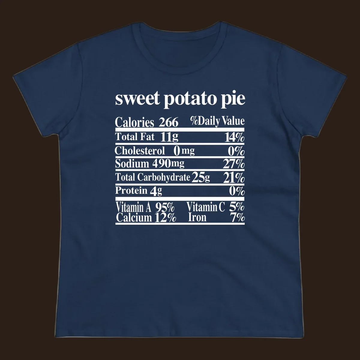 Sweet potato pie nutrition facts label in white text on a black background.