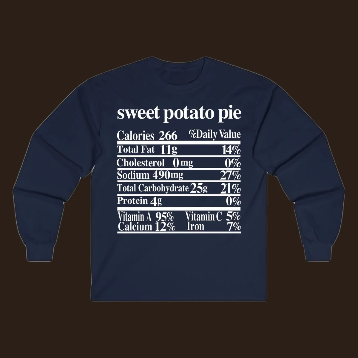 Sweet potato pie nutrition facts label in white text on a black background.