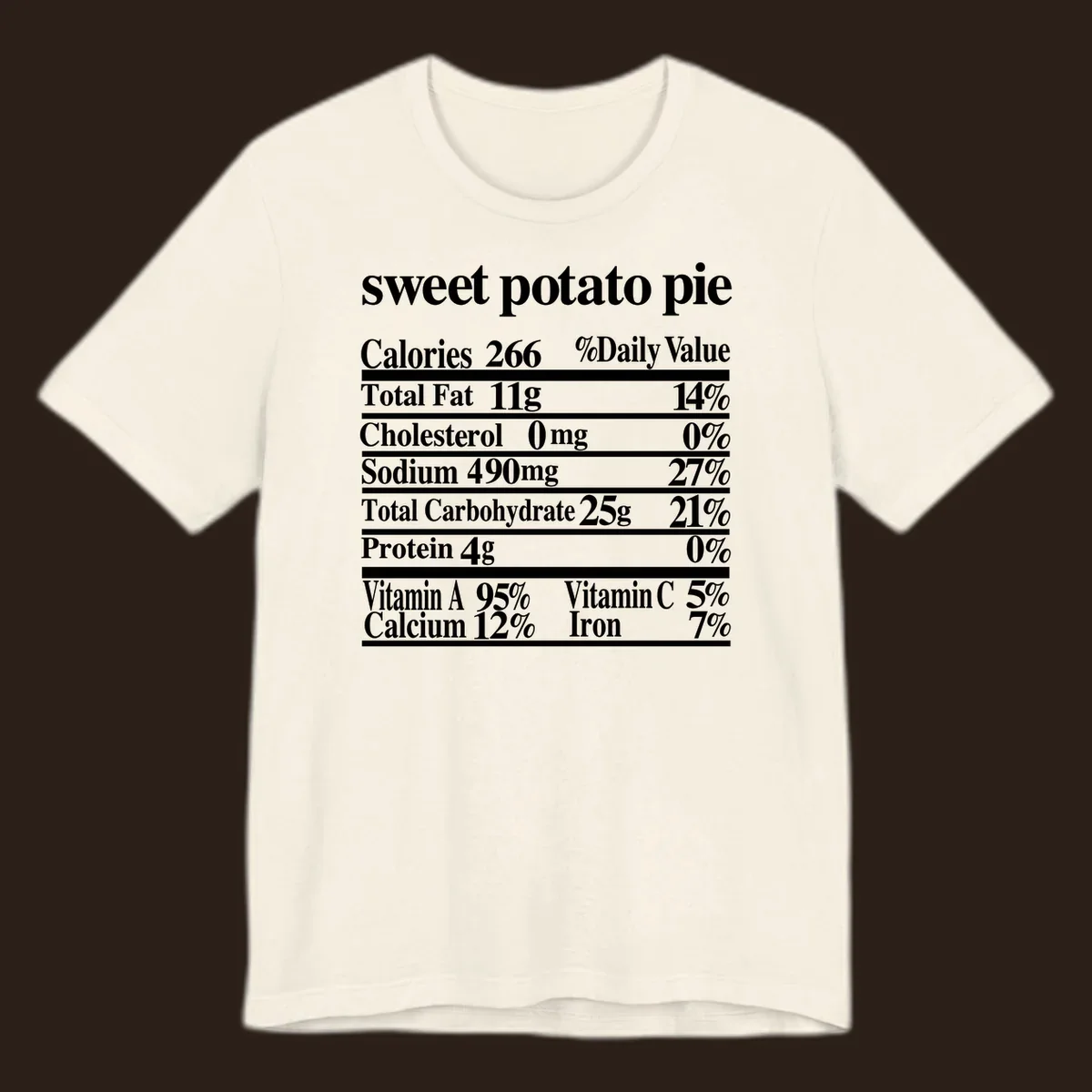 Sweet potato pie nutrition facts label in white text on a black background.