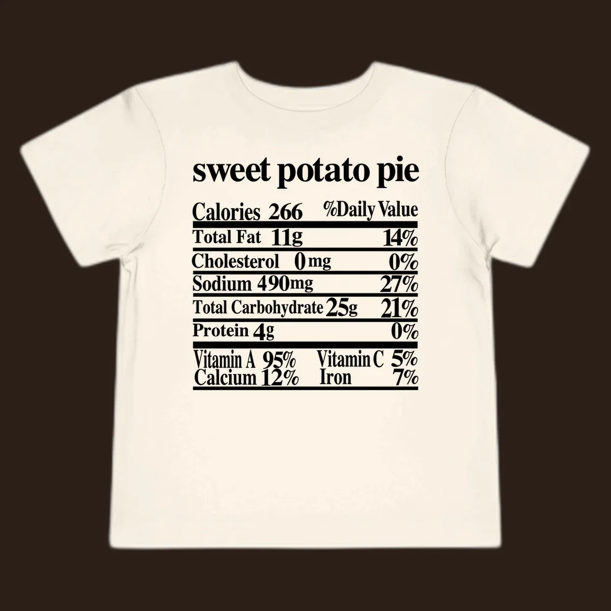 Sweet potato pie nutrition facts label in white text on a black background.