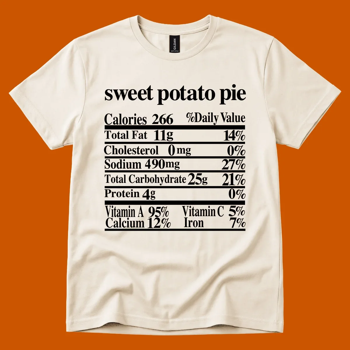 Sweet potato pie nutrition facts label in white text on a black background.