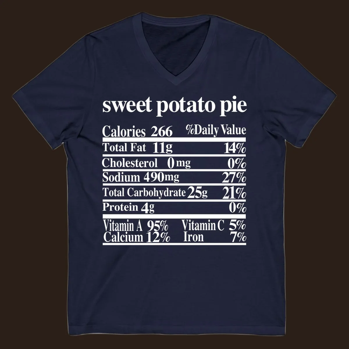 Sweet potato pie nutrition facts label in white text on a black background.