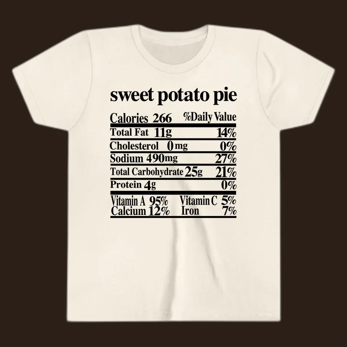 Sweet potato pie nutrition facts label in white text on a black background.