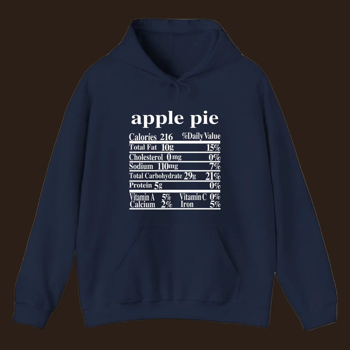 Apple pie nutrition facts label design with calories, fat, carbs, and vitamins.