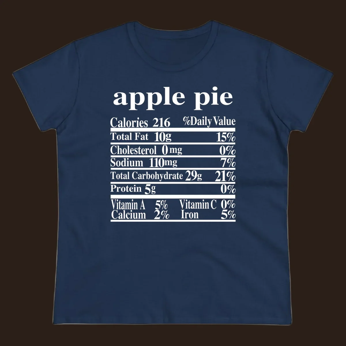 Apple pie nutrition facts label design with calories, fat, carbs, and vitamins.