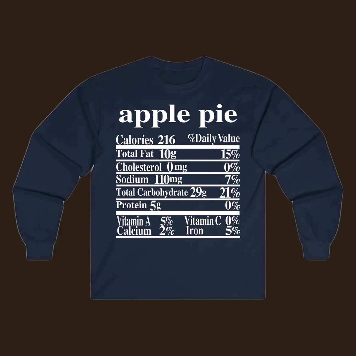 Apple pie nutrition facts label design with calories, fat, carbs, and vitamins.