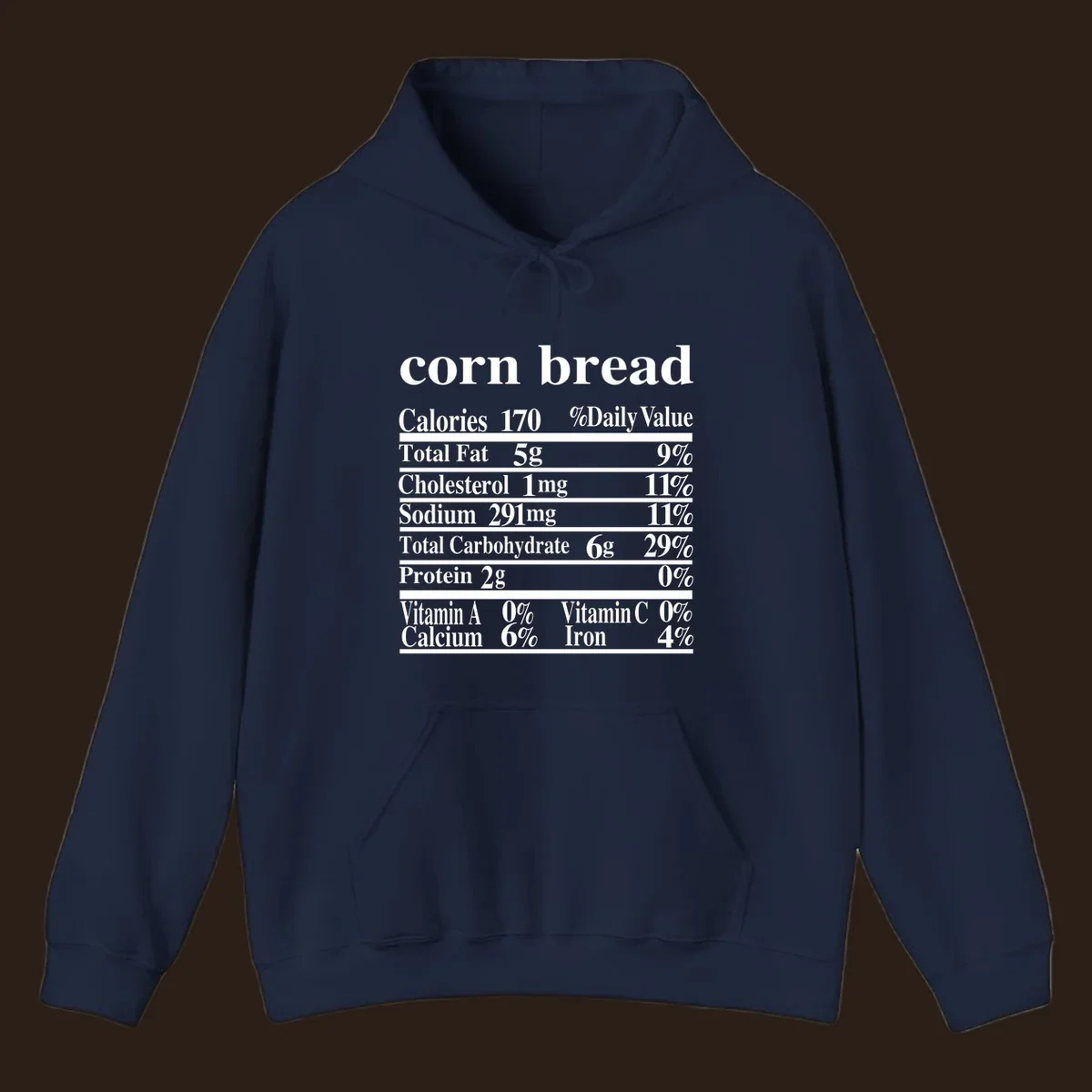 Corn bread nutrition label design with white text on a black background.