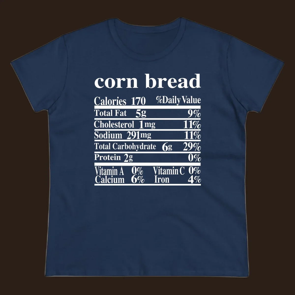 Corn bread nutrition label design with white text on a black background.
