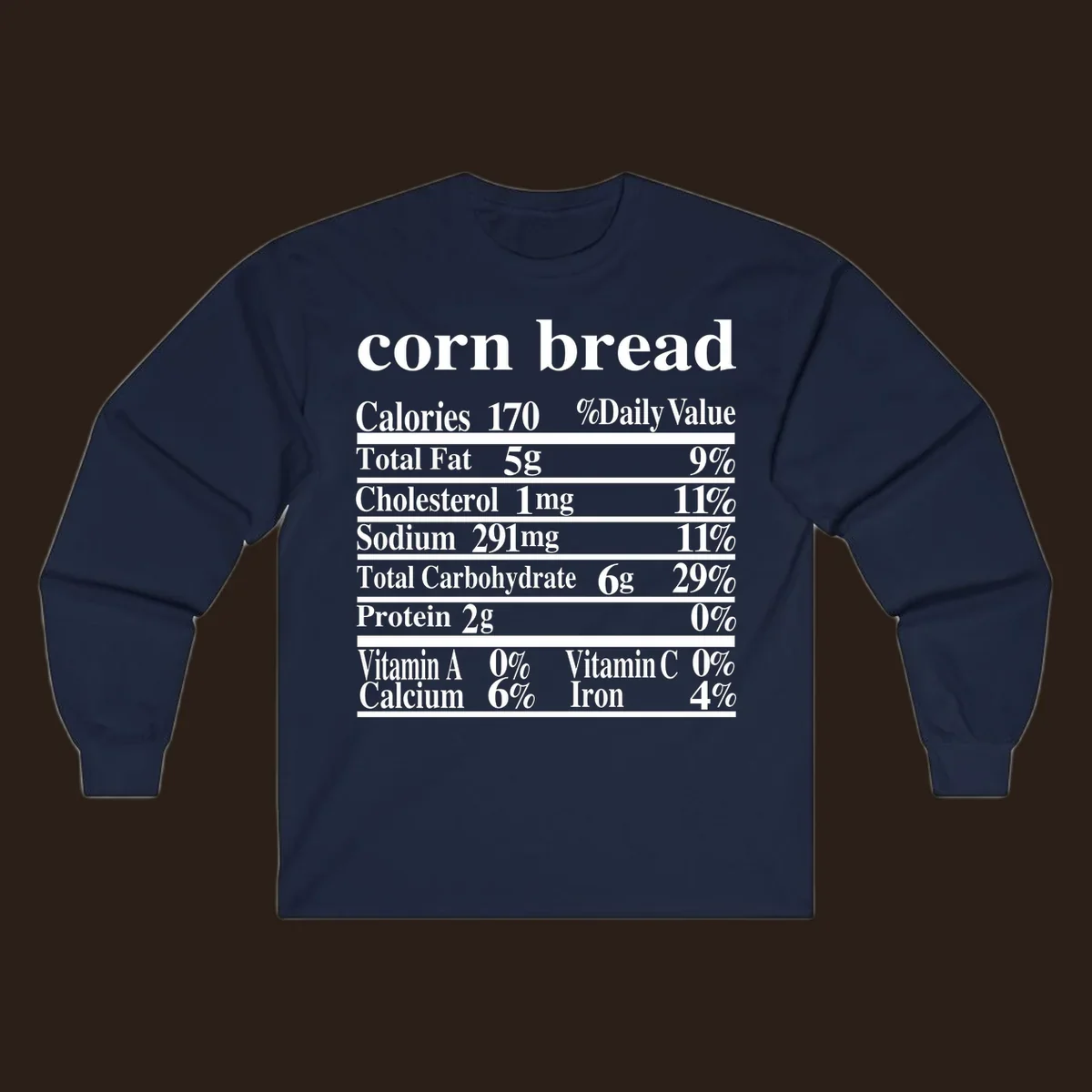 Corn bread nutrition label design with white text on a black background.