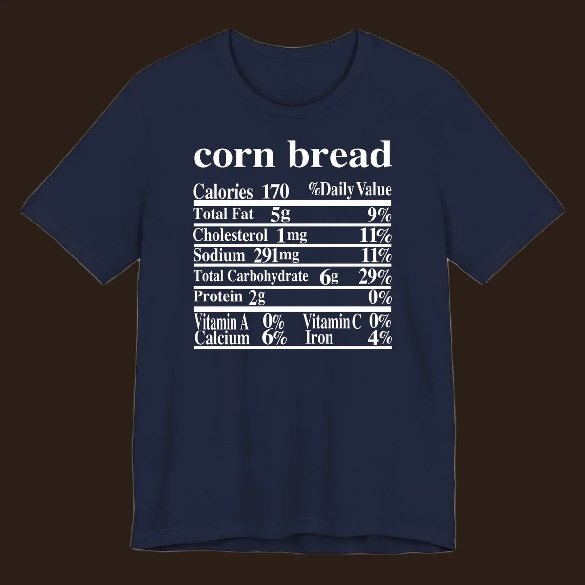Corn bread nutrition label design with white text on a black background.