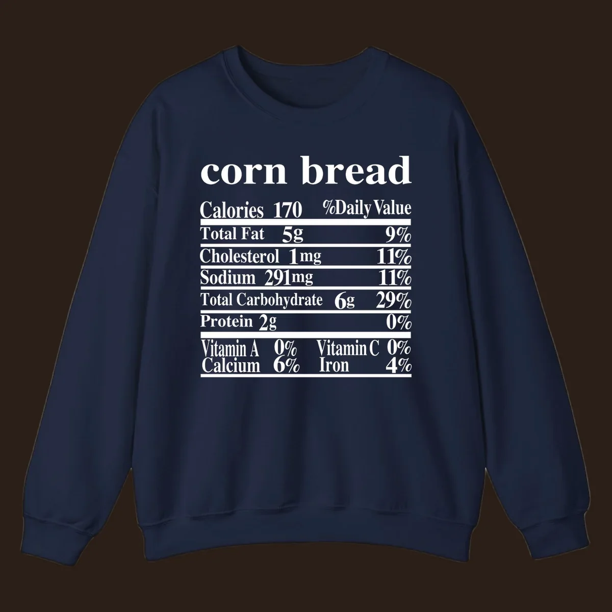 Corn bread nutrition label design with white text on a black background.